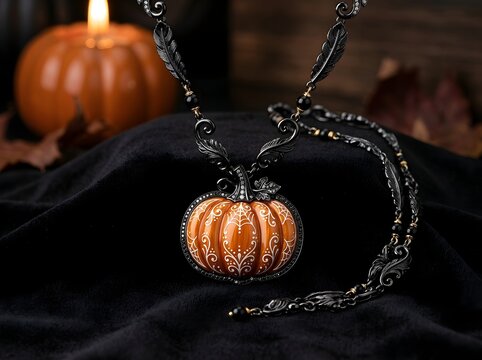 Beautiful pumpkin pendant necklace with vintage silver chain in a dark moody atmosphere
