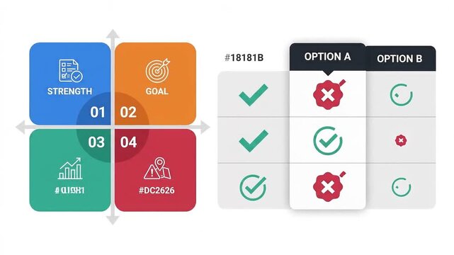 Business infographic elements with 4 steps matrix, comparison table with option A and B, corporate strategy data visualization