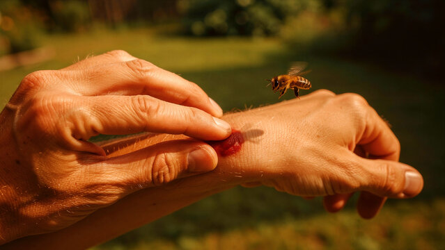 Person touching a red bee sting on their hand with a bee flying nearby. Close-up of allergic reaction and skin inflammation from insect bite. Medical healthcare and outdoor safety concept.