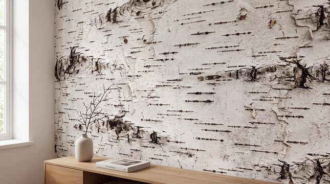 Modern Interior with Birch Bark Texture Wallpaper Wall