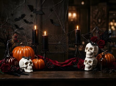 Spooky halloween decorations with pumpkins skulls and candles on a dark rustic table