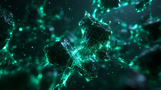 Abstract Glowing Green Energy Crystals Floating in Dark Space