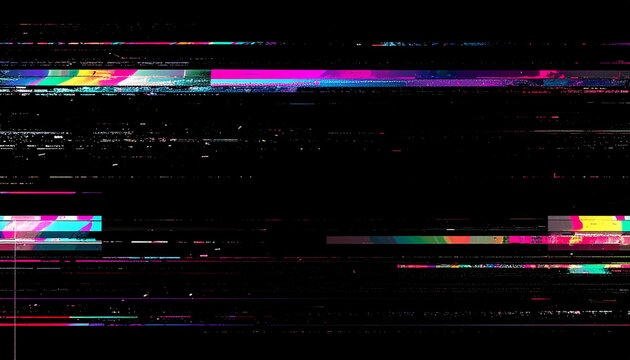 Abstract digital glitch art with vibrant neon color streaks and horizontal lines on a black background, futuristic technology concept