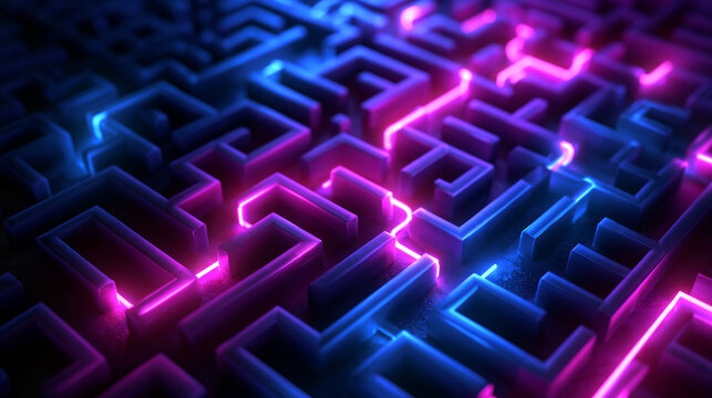 Glowing Neon Path Through Complex Digital Maze
