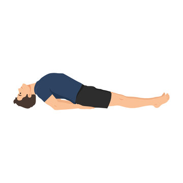 Man Performing Locust Pose with Hands Clasped Behind Back or matsyasana. Flat vector illustration isolated on white background