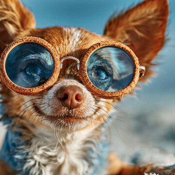 Adorable small dog wearing stylish round sunglasses outdoors with cute dog