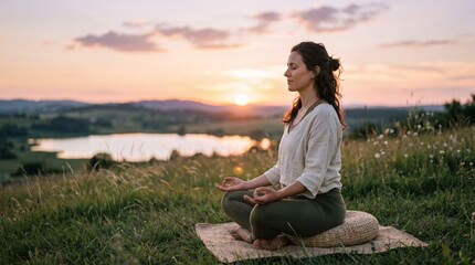 Fototapeta premium Woman meditating peacefully in a grassy field at sunset overlooking a lake