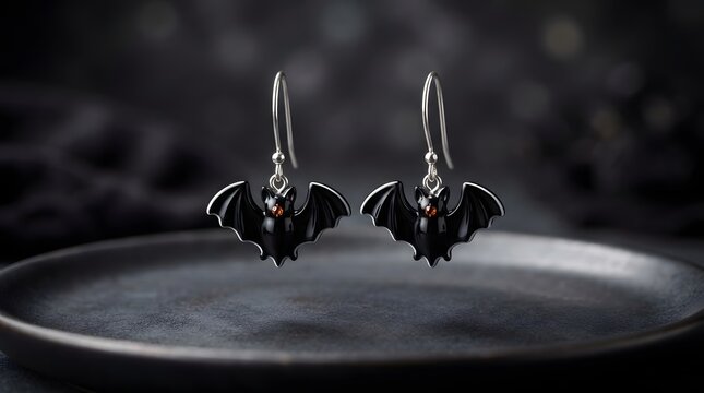 Pair of stylish black bat shaped earrings on a dark plate for gothic fashion accessories