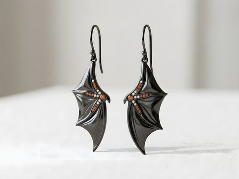 Pair of elegant black metal earrings shaped like bat wings with small colorful gems