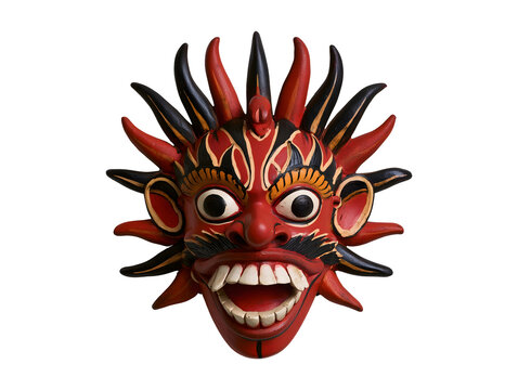 Traditional red tribal devil mask isolated on transparent or white background, png