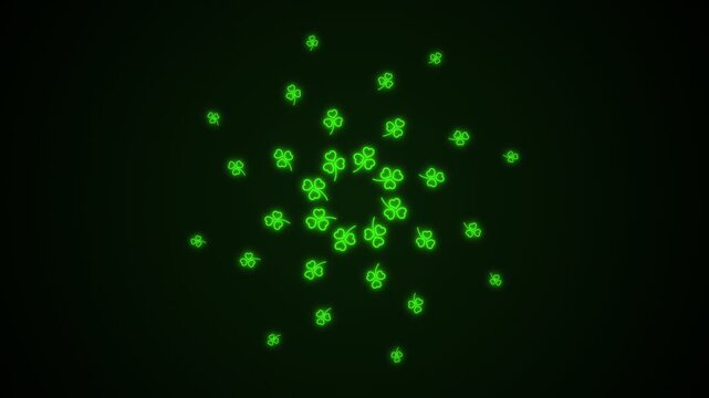 A vibrant circular pattern of glowing green shamrocks on a dark background