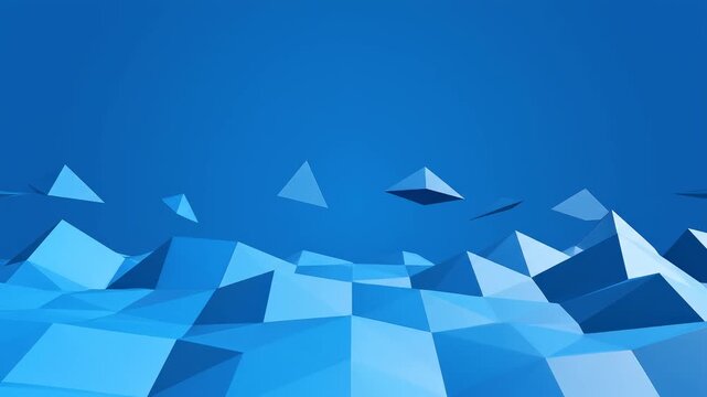 Abstract blue polygonal landscape with floating shards during a serene digital motion