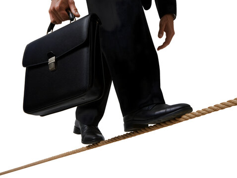 Businessman carrying briefcase walking on tightrope isolated on transparent or white background, png