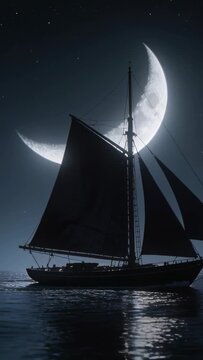 Vertical video: Sailing sloop trimming sails in light breeze on calm sea under crescent moon glow