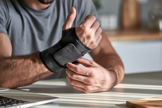 Mann befestigt eine st&uuml;tzende Bandage am Handgelenk
