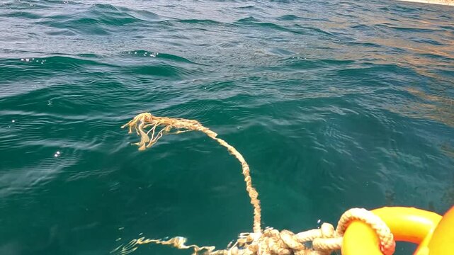 Rope, Water, Buoy - A close-up view of a rope floating in the water near a yellow buoy.