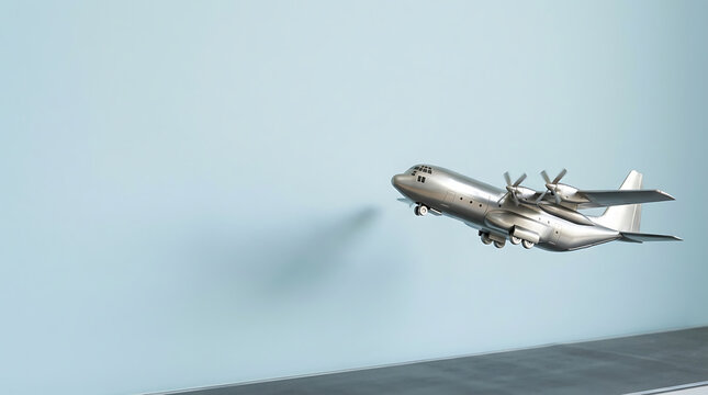 Silver cargo plane with four engines takes off against a light blue wall