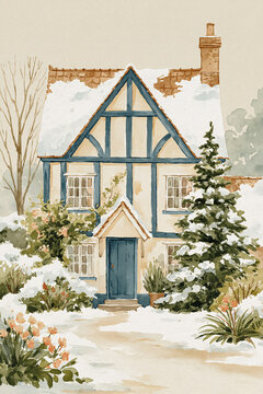 Cozy snowy cottage watercolor painting illustrating tudor style architecture and winter landscape scene with evergreen trees