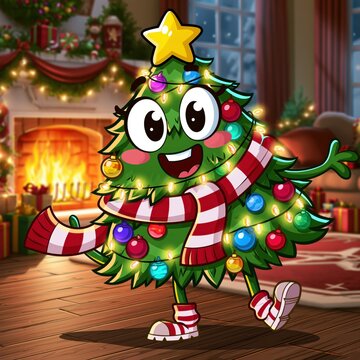Cheerful Christmas Tree Cartoon Character Dancing in Cozy Holiday Room with Gifts