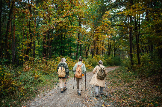 Active senior women hiking with trekking poles in autumn nature.
