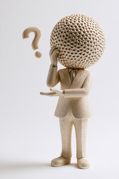 Golfball-Kopf-Figur im Anzug mit Fragezeichen und ratloser Geste symbolisiert Verwirrung, Unsicherheit und offene Fragen im Business.