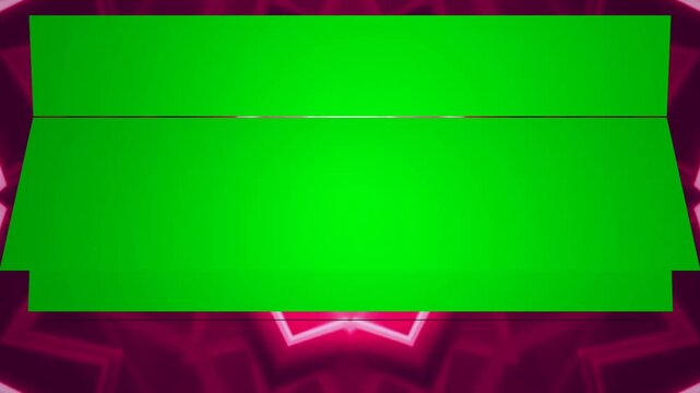Interactive Graphic Panel Transition with Green Screen Placeholder over Glowing Magenta Kaleidoscope Star Backdrop