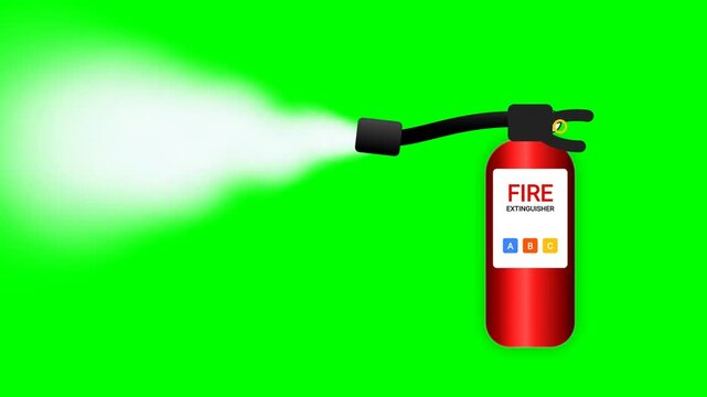 Red fire extinguisher spraying white foam smoke, animated motion graphic vector illustration on green screen background