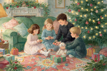 Naklejka premium Siblings opening presents on a colorful rug next to a decorated Christmas tree and fireplace, sharing joy and warmth during the holidays
