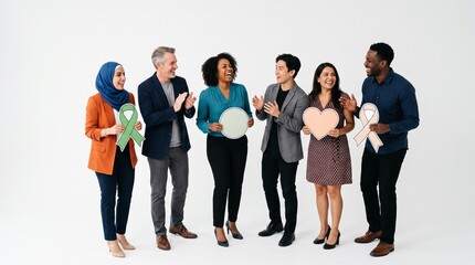 Obraz premium Diverse group of people holding awareness ribbons and heart symbol celebrating unity and support