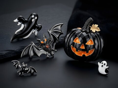 Black pumpkin with glowing orange face surrounded by spooky ghosts and flying bats