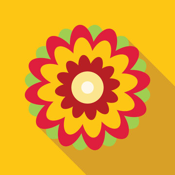 Abstract flower illustration featuring red, yellow, and green petals creating a vibrant icon