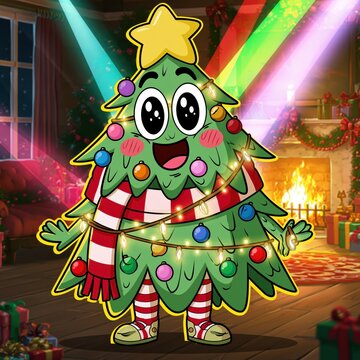Cheerful Christmas Tree Cartoon Character Dancing in Cozy Holiday Room with Gifts