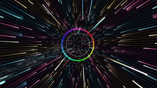 Mesmerizing flight through a high-speed fiber-optic light tunnel with cyan, magenta, and gold data streams in a photonic computing network. professional stock footage for technology, business, and.