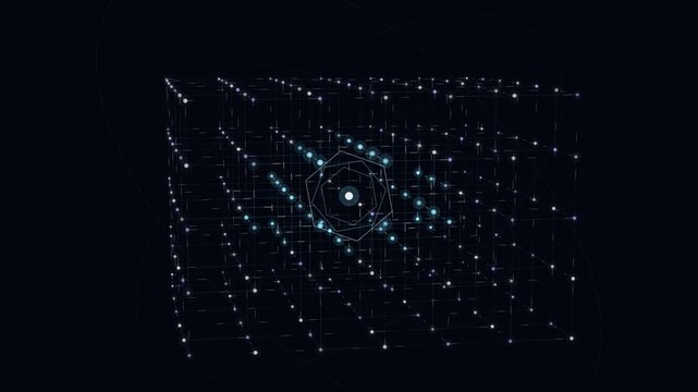 A glowing three-dimensional quantum-resistant cryptography lattice with translucent nodes and light beams, featuring cyan shockwaves and rotating holographic polyhedra in a deep indigo space.