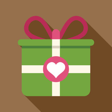 Green gift box presenting a heart symbol, tied with a pink bow, flat design