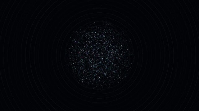 Quantum superposition sphere pulses with cyan and violet entangled particles in a void black vacuum, collapsing into a golden measurement flash then re-expanding.