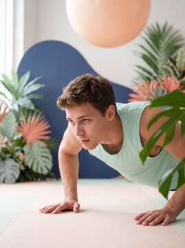 Man doing burpee broad jump in close-up home workout