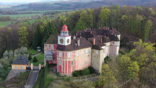 The state castle Jansky Vrch, former baroque residence of Bishop, the historical monument in the Rychleby mountain district, city of Javornik, Czech Republic
