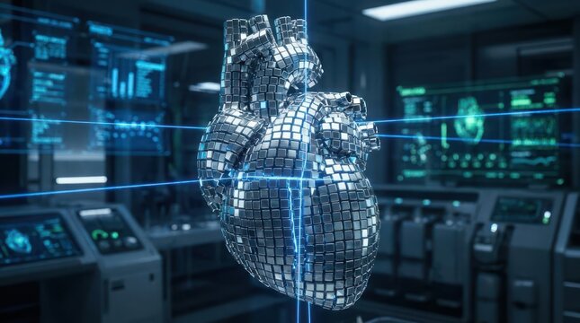 Holographic robotic heart in futuristic medical laboratory.