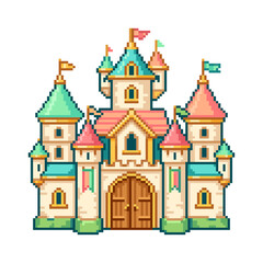 Fototapeta premium Colorful Fairytale Castle Pixel Art with Turquoise and Pink Towers