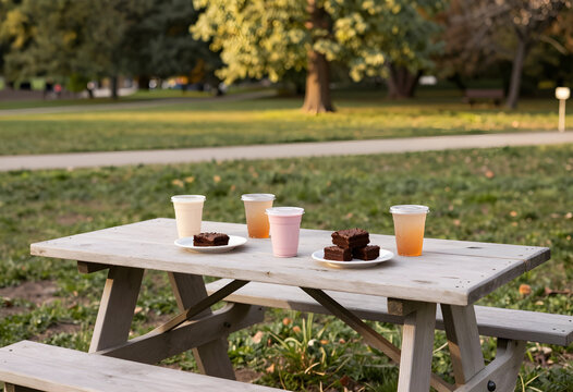 Outdoor picnic with brownies and drinks, summer park gathering, casual dining and relaxation in nature