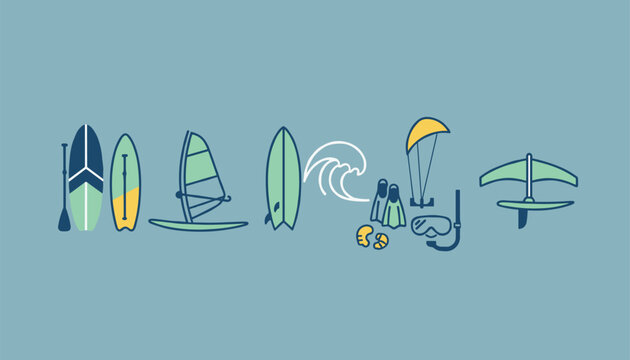 Water sports equipment icons including surfboards, windsurfer, kite, and fins arranged to spell out the word holiday.