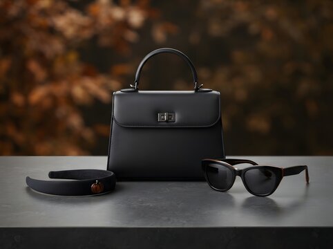 Elegant black leather handbag and sunglasses displayed on a table with blurred background