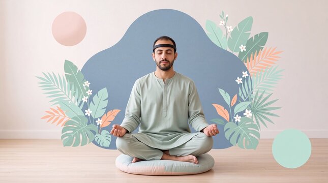 Man wearing biofeedback headband meditating cross-legged on cushion