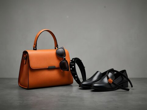 Orange leather handbag with black sunglasses and leather shoes for a fashion outfit