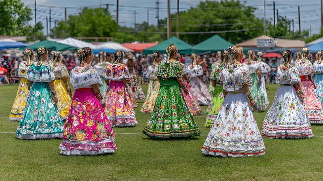 dance ceremony in an open prairie landscape, traditional regalia moving gracefully in the wind, highly detailed cultural documentation