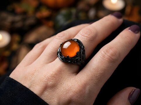 A woman wearing a vintage black metal ring with a large glowing amber stone on finger