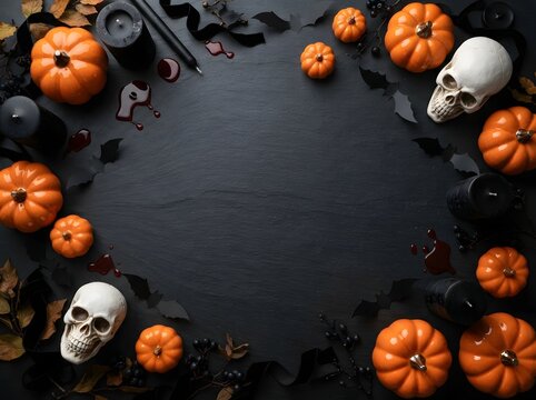 Orange pumpkins and human skulls arranged in a circle on a dark black surface background