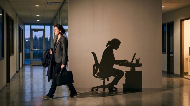 Office worker walks through a corridor carrying her bags while her shadow remains seated at a computer desk, symbolizing overtime and difficulty disconnecting from work.
