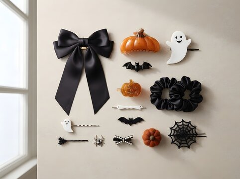Set of cute halloween hair accessories with pumpkins ghosts bats and a large black bow